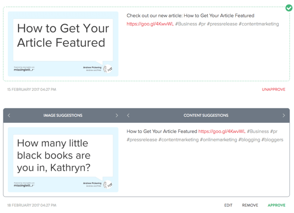 Después de que MissingLettr crea tweets sobre la publicación de su blog, puede editar todos los tweets a su gusto.