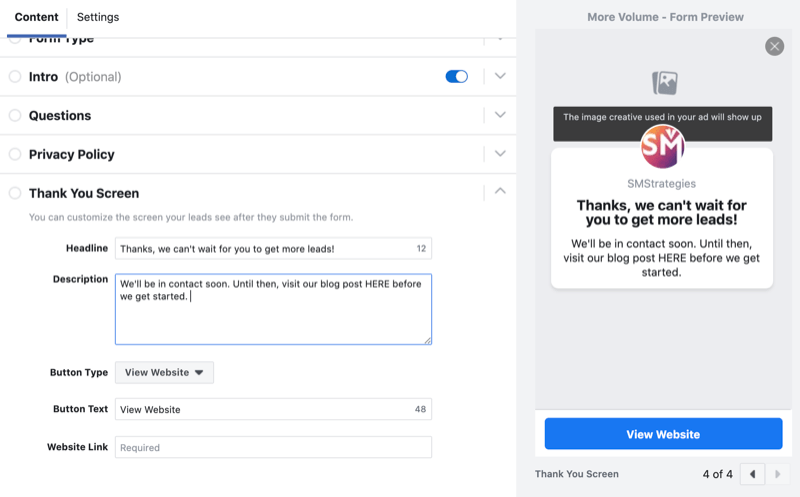 configurar la pantalla de agradecimiento para el formulario de generación de clientes potenciales de Facebook