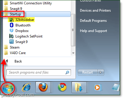 carpeta de inicio para la barra lateral de 32 bits de Windows 7