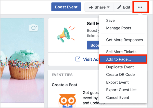 Haga clic en el botón de tres puntos en la parte superior de la página del evento de Facebook y seleccione Agregar a la página.