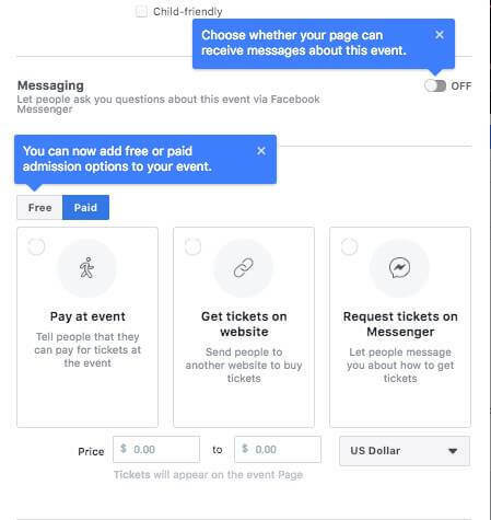 Facebook parece estar probando la opción para permitir que las personas hagan preguntas a través de Facebook Messenger, agregue gratis o la opción de entrada pagada para un evento, y establezca un rango de precios de venta de entradas al configurar un evento de Facebook Página.