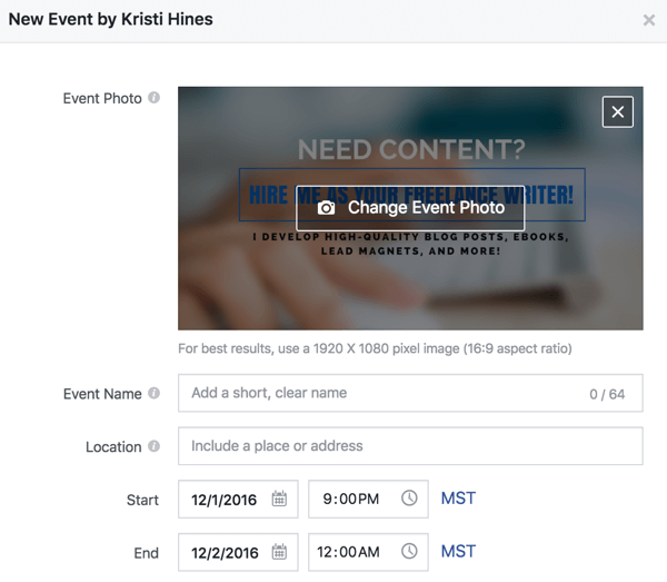 Complete estos detalles para crear un evento de Facebook.