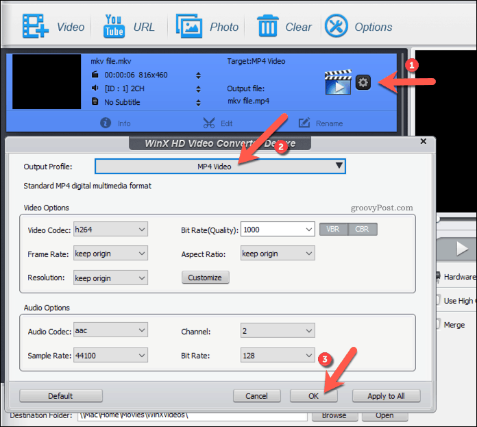 Cambiar la configuración del perfil de salida para un archivo de salida WinX