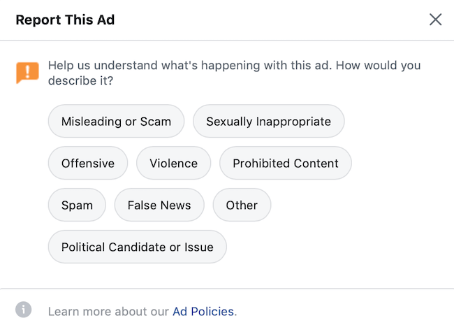 opciones de usuario para comentarios sobre anuncios de Facebook