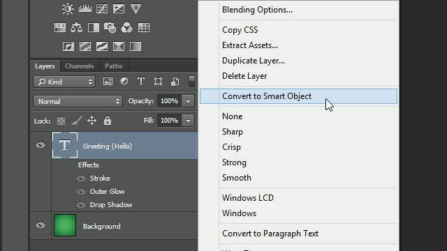 Truco Photoshop Transformaciones de capa de texto Efectos de capa trucos panel de capas deshabilitado Photoshop convertir a objeto inteligente