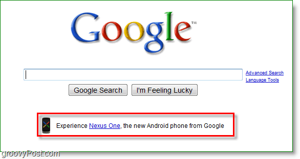 Nexus one se anuncia en la página de inicio de Google.
