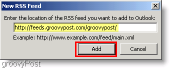 Captura de pantalla de Microsoft Outlook 2007: escriba una nueva fuente RSS