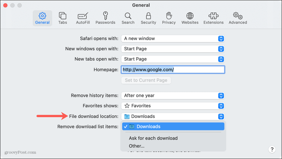 Ubicación de descarga de archivos en Safari en Mac