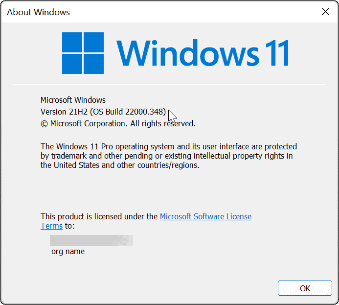 Versión y compilación de Windows 11 mediante el comando winver