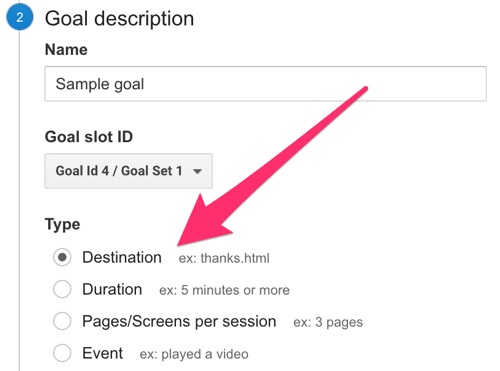 seleccionar destino como tipo de objetivo en google analytics