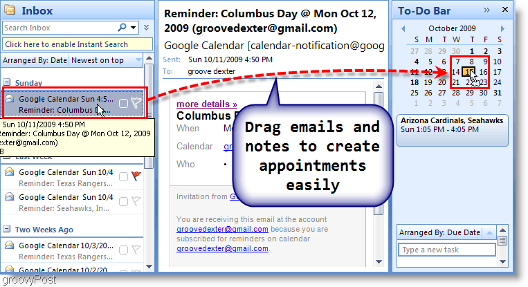 Barra Tareas pendientes de Outlook 2007: arrastre el correo electrónico al calendario