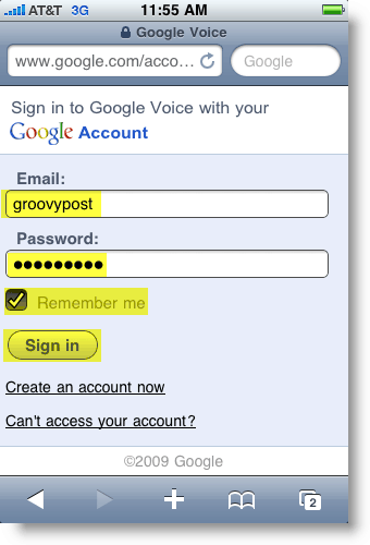Página de inicio de sesión móvil de Google Voice