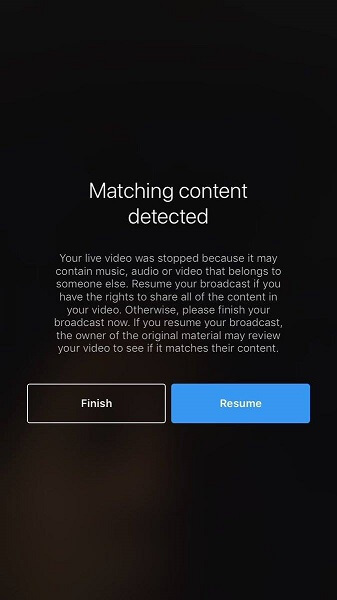 Instagram ahora interrumpirá un video en vivo si detecta que el contenido de audio, música o video que se transmite infringe los derechos de autor de otra persona.