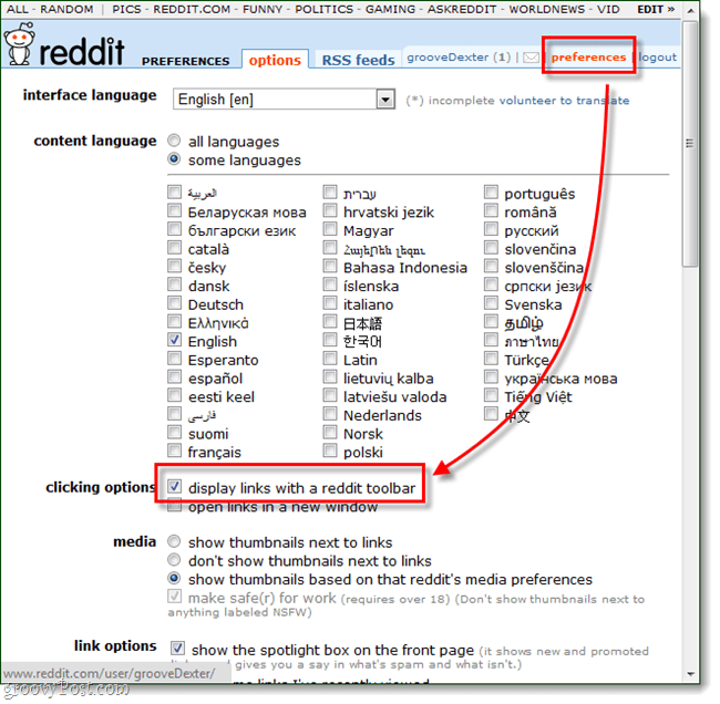 barra de herramientas de preferencias de reddit