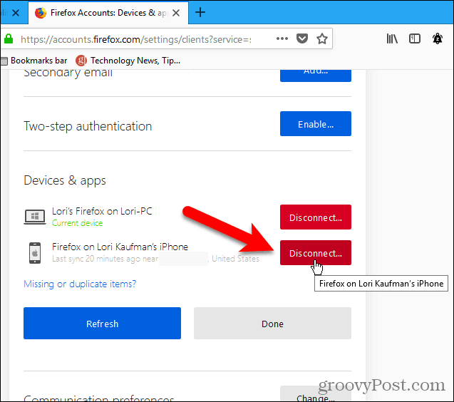 Desconecte un dispositivo usando Firefox para Windows