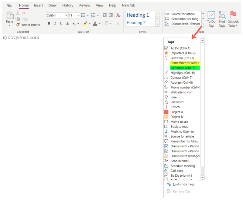 Pestaña Inicio, lista de etiquetas en OneNote