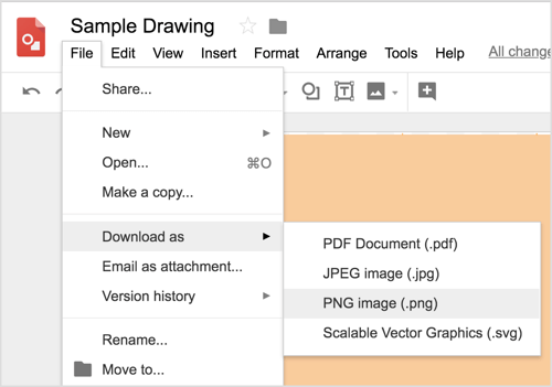 Elija Archivo> Descargar como> Imagen PNG (.png) para descargar su diseño de Dibujos de Google.