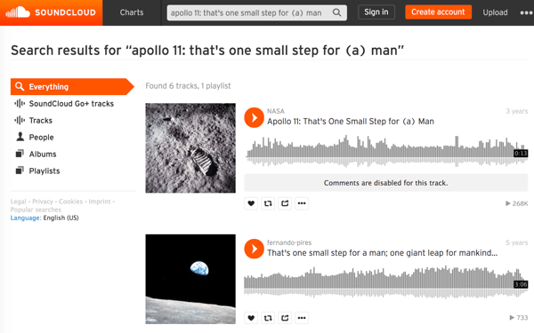Busque en los archivos multimedia de la NASA en SoundCloud para encontrar y descargar el audio de momentos históricos icónicos como el primer paseo por la luna.