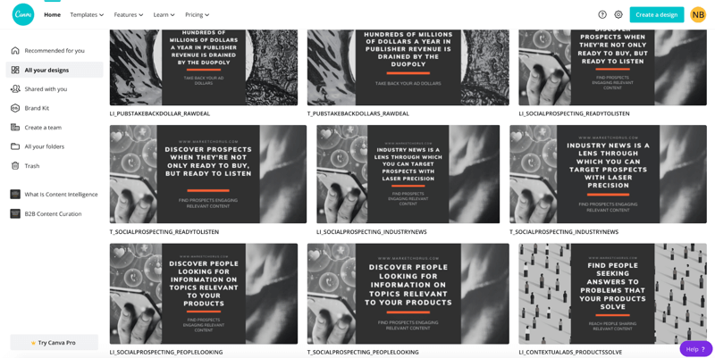 ejemplo de captura de pantalla de canva con diseños de imágenes de citas creados para cada publicación en cada plataforma para crear la serie de publicaciones