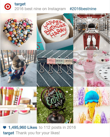 Aquí hay un ejemplo de las nueve publicaciones principales de Instagram de Target en 2016.