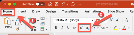 Iconos para cambiar texto a subíndice o superíndice en PowerPoint en Mac