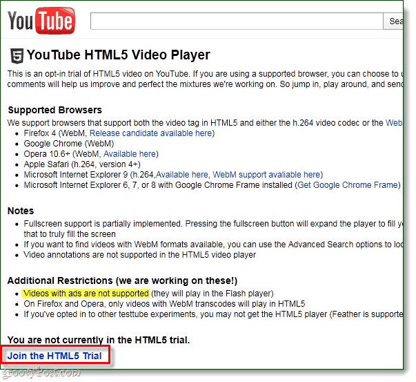 Opción de HTML5 de YouTube