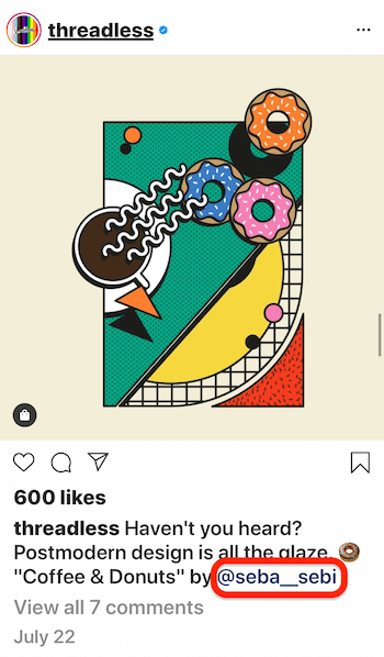 Publicación de Instagram de @threadless que muestra una @ mención de @ seba-sebi en el título de la publicación.