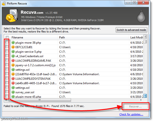 recupere archivos de la eliminación usando recuva, seleccione tantos archivos como desee