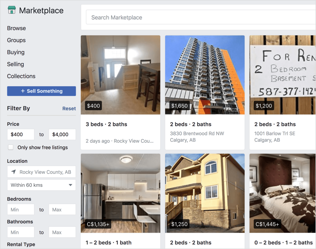 Facebook Marketplace ofrece propiedades de alquiler a la venta.
