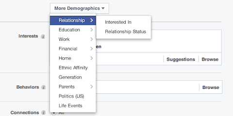 Opciones demográficas de relación con Facebook