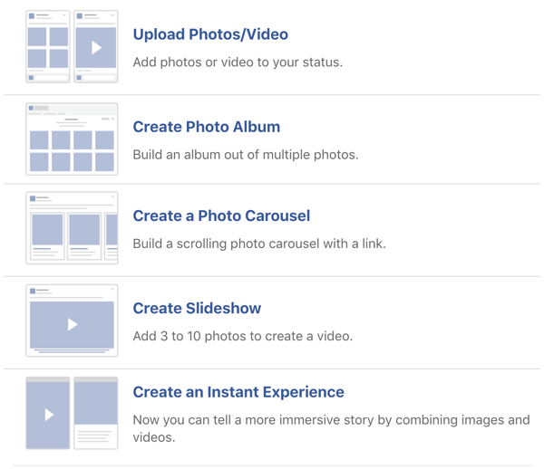Ejemplo de opciones de publicación de imágenes y videos de Facebook.