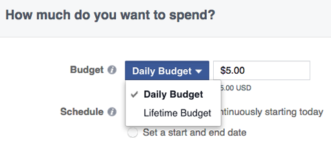 opciones de presupuesto de anuncios de facebook