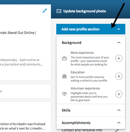 Agrega una nueva sección de tu perfil de LinkedIn o de la barra lateral derecha.
