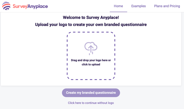 Bienvenido a Survey Anyplace y carga de logotipo para un cuestionario de marca.