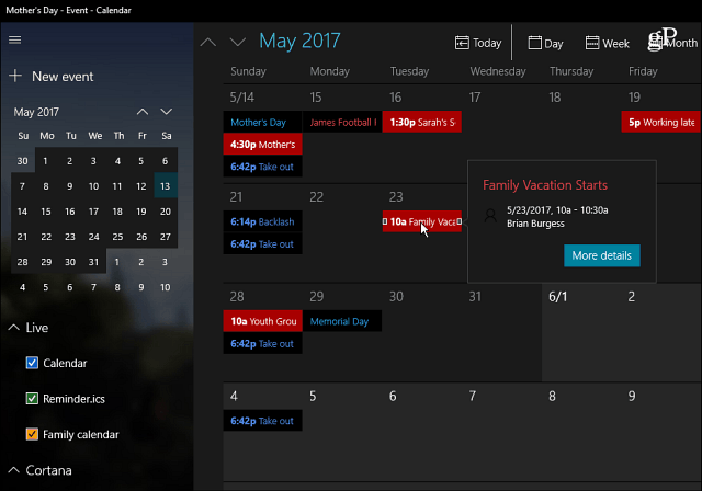 Aplicación de calendario de Windows 10
