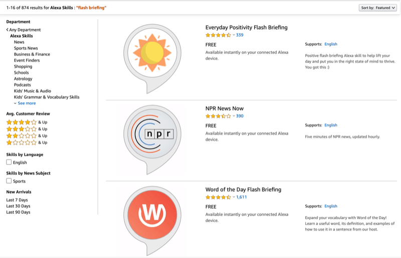 captura de pantalla de los listados de información flash en la tienda Alexa Skills
