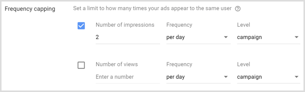 Configuración de limitación de frecuencia para la campaña de Google AdWords.