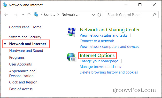 Opciones de red de Internet en el Panel de control de Windows