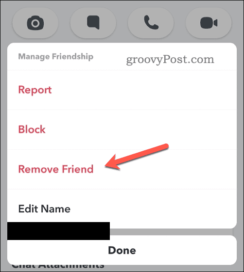 Opción para eliminar un amigo de Snapchat