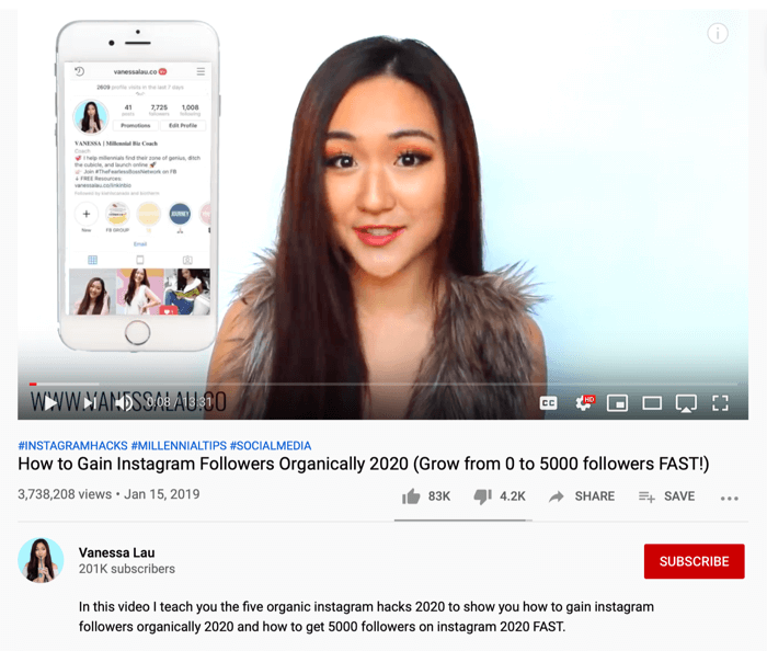 Vanessa Lau video de YouTube sobre trucos orgánicos en Instagram