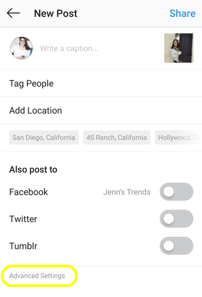 Cómo agregar texto alternativo a las publicaciones de Instagram, paso 1, opción de configuración avanzada de nueva publicación de Instagram