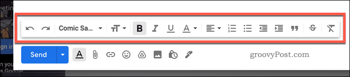 La barra de herramientas de formato de texto en Gmail