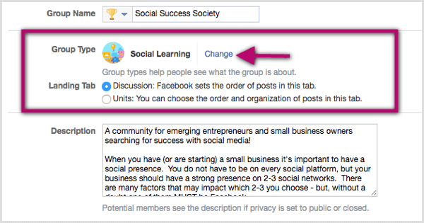 Haga clic en el enlace Cambiar junto a la clasificación de tipo de grupo existente y seleccione Aprendizaje social.