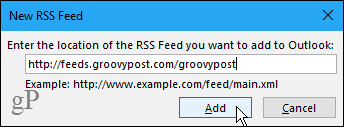 Nuevo cuadro de diálogo RSS Feed en Outlook
