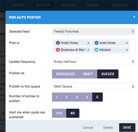 configurar la publicación automática para el feed rss personalizado en Sendible