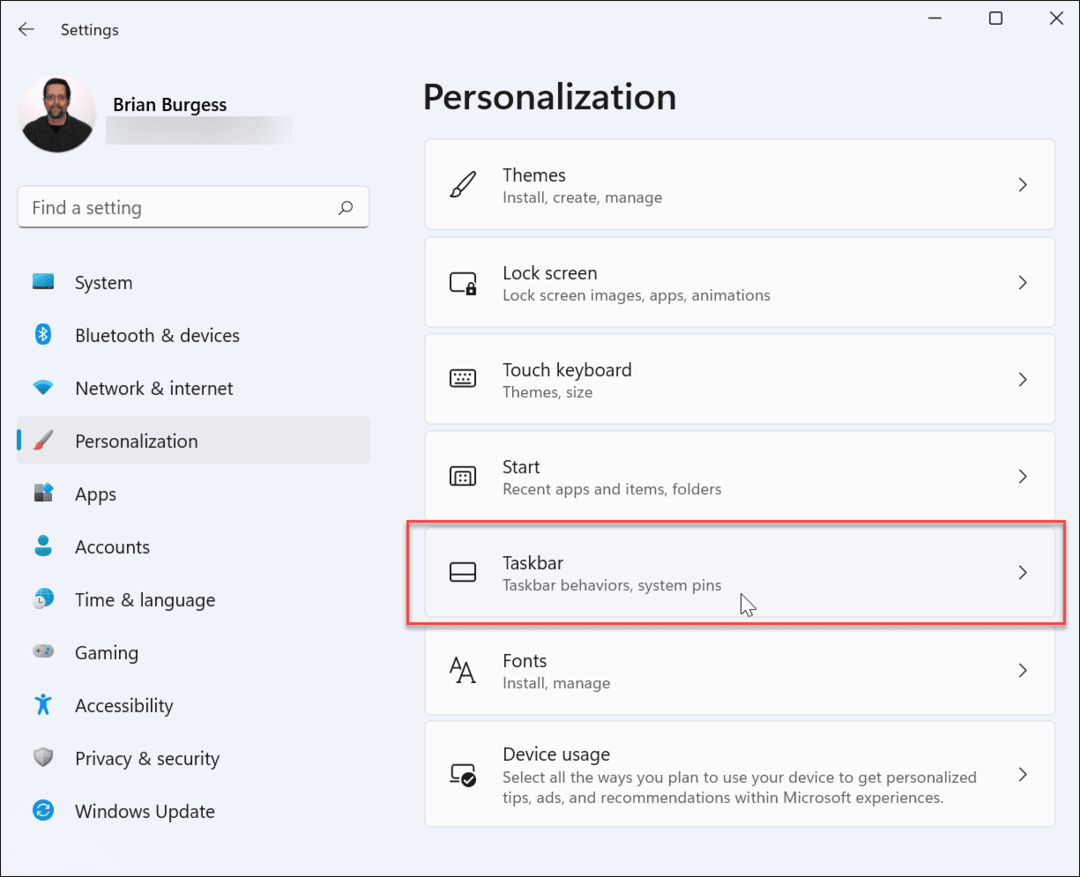 barra de tareas de personalización configuración de Windows 11