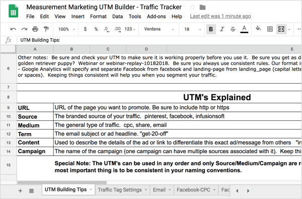 En la primera pestaña, UTM Building Tips, encontrará un resumen de la información UTM discutida anteriormente.