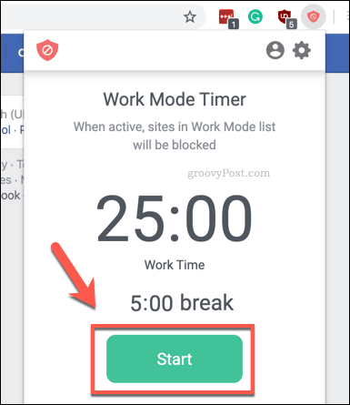 Inicio del temporizador del modo de trabajo BlockSite