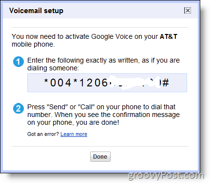 Captura de pantalla: habilite Google Voice en un número que no sea de Google en & t