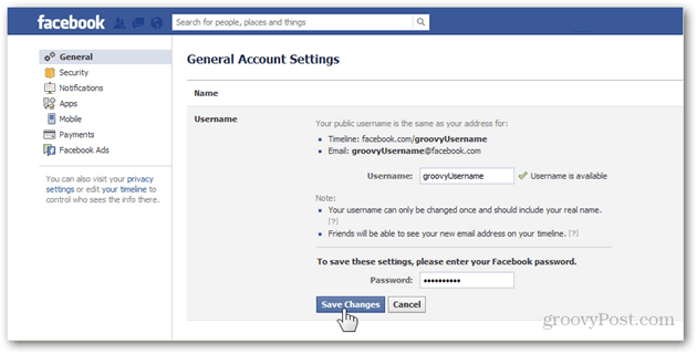 preferencias de configuración de cuenta general de Facebook administrar nombre de usuario general nombre de usuario contraseña guardar cambios confirmar